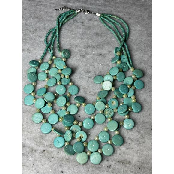 Turquoise Tone Cascade Necklace 4 Strand Layered Discs Beaded Faux Pearl Jewelry - Picture 1 of 8
